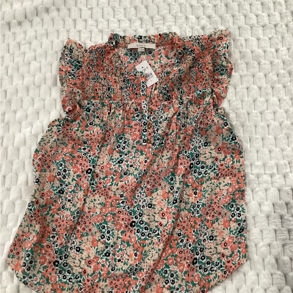 LOFT Coral Floral Ruffle-Sleeve Blouse